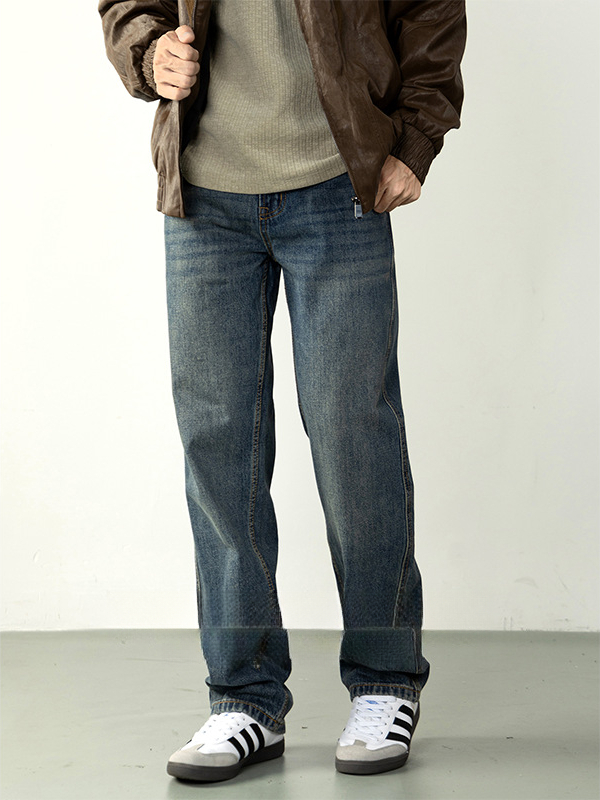 【美式休閒風】復古水洗藍色牛仔褲男士長褲微闊直筒舒適通勤秋冬