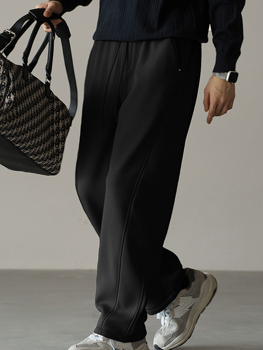 高彈空氣層復奧利絨彎刀褲男秋冬加絨加厚寬鬆直筒新款休閒褲