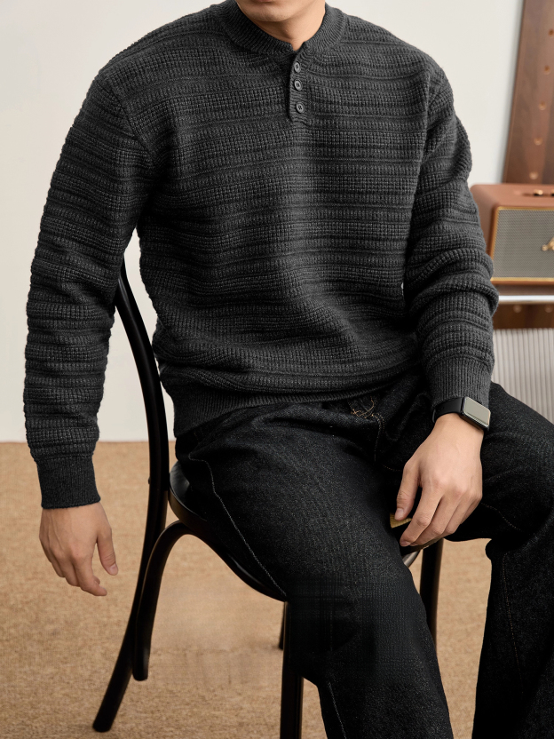 高克重男士肌理提花亨利領針織衫冬季加厚保暖純色毛衣