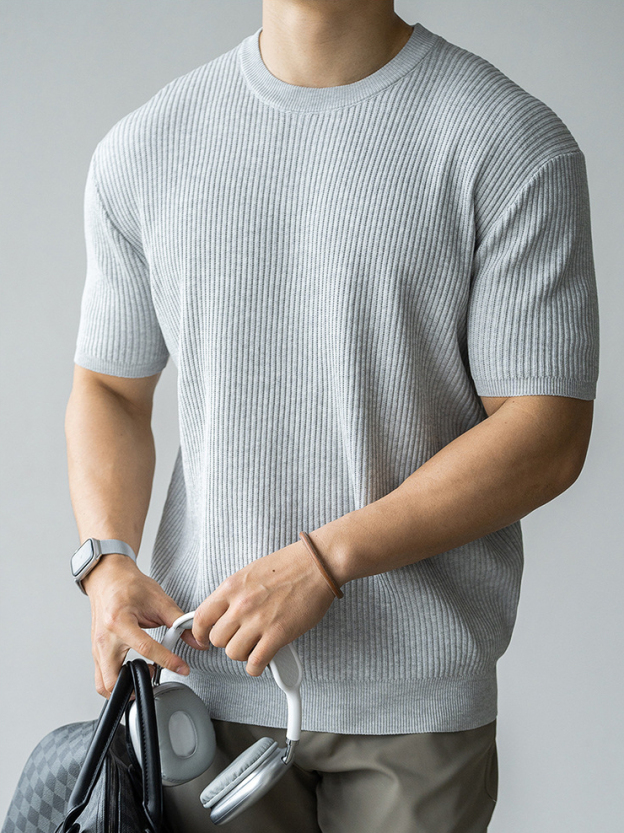 乾爽吸溼透氣針織短袖T恤男士2025夏季立體修身商務通勤休閒上衣