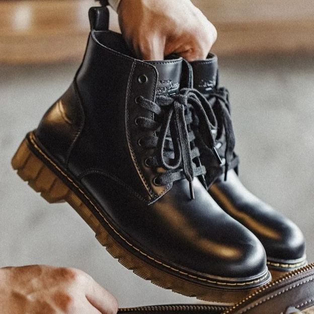(軟皮)馬丁靴男中幫加絨雪地靴子黑色高幫棉鞋休閒軟皮工裝