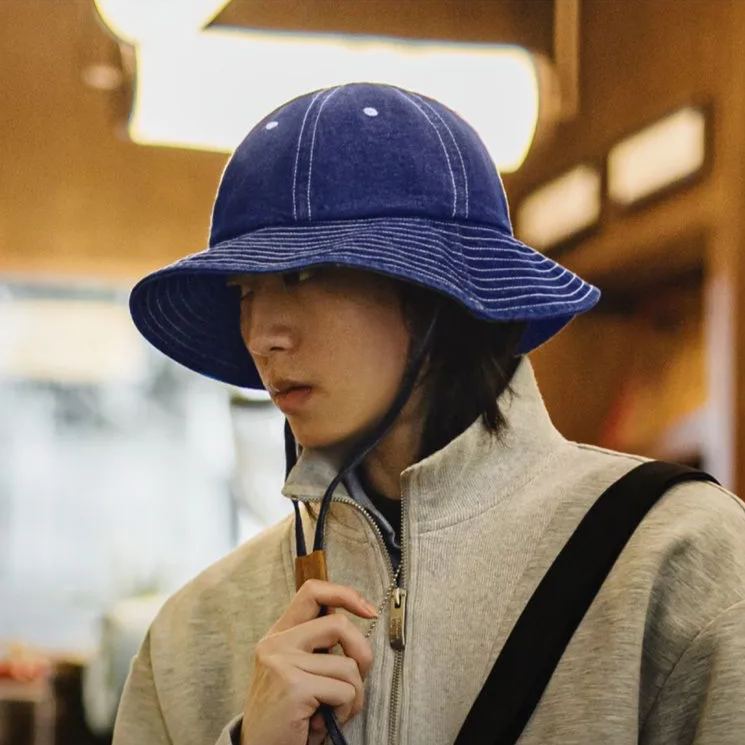 美式復古丹寧牛仔漁夫帽寬帽檐咔嘰圓頂遮陽帽盆帽男女