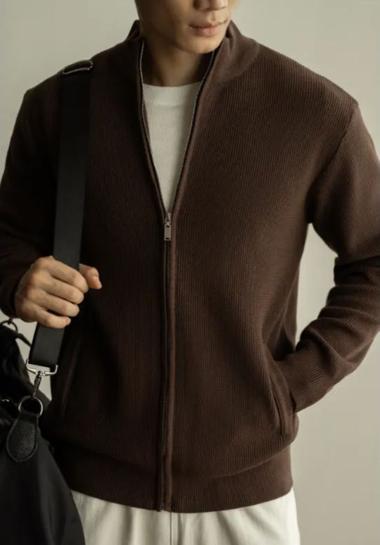 抗起球肌理男針織外套2025春外穿高領拉鍊休閒立領外套