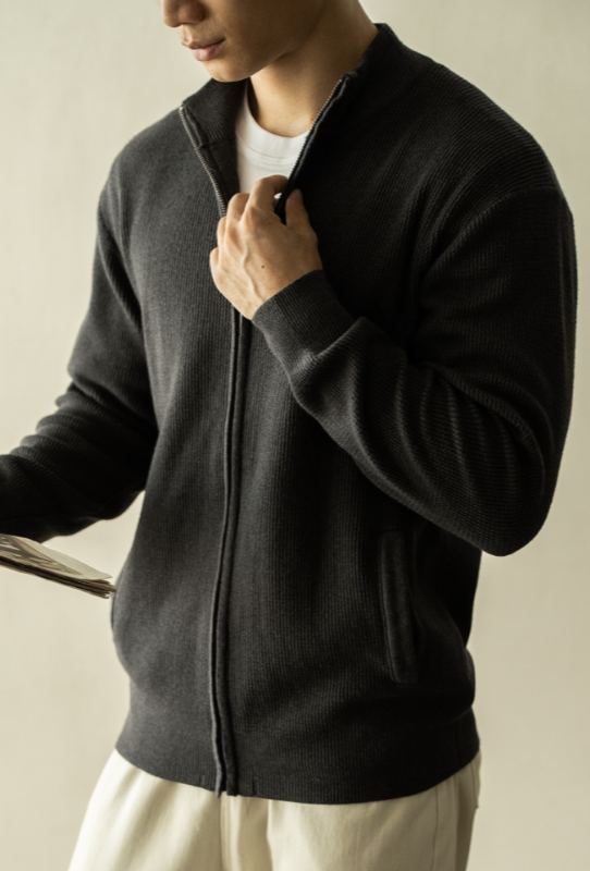 抗起球肌理男針織外套2025春外穿高領拉鍊休閒立領外套