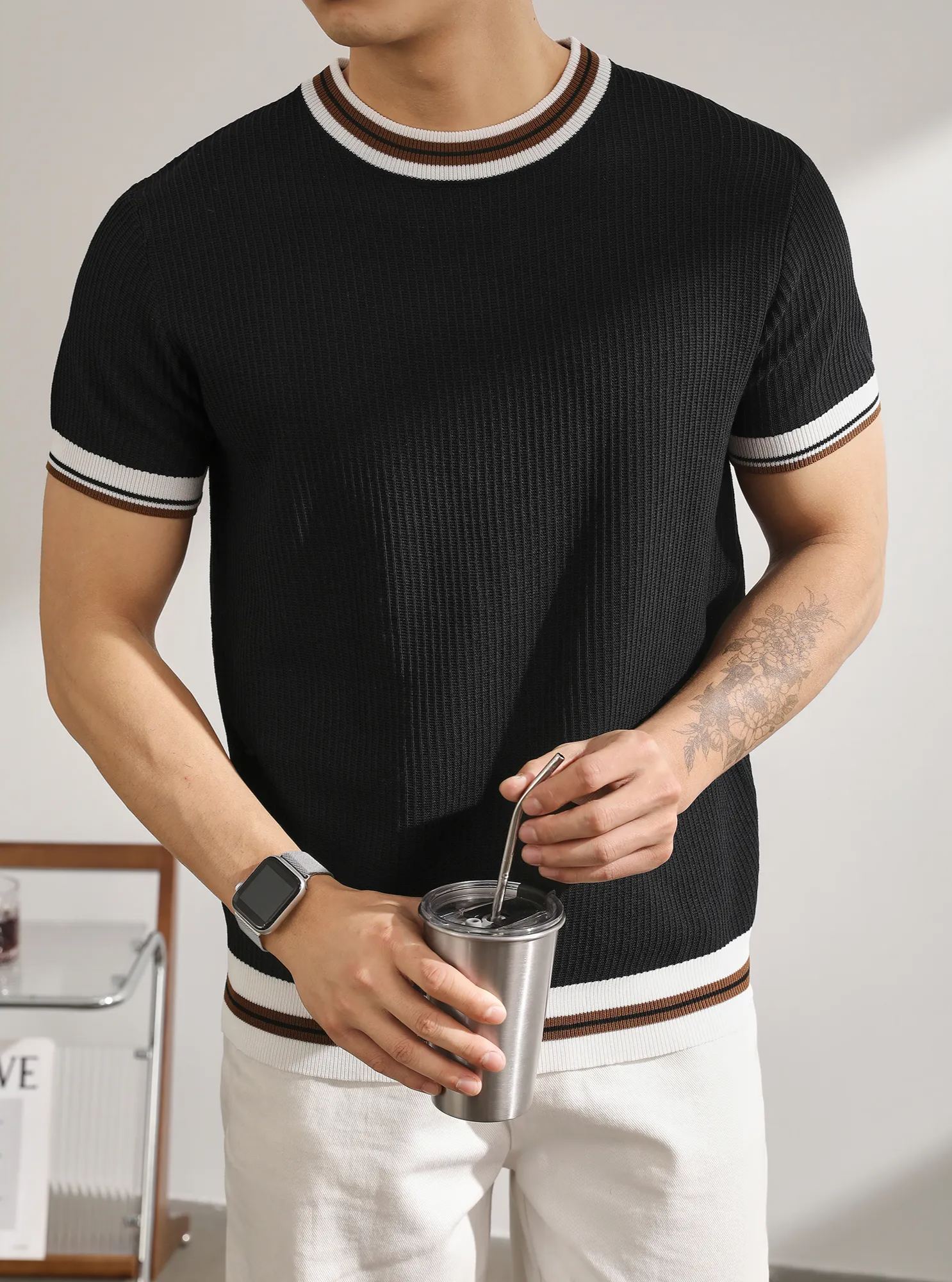 輕熟風氣質韓版短袖針織衫復古撞色條品質冰爽絲潮男T恤上衣