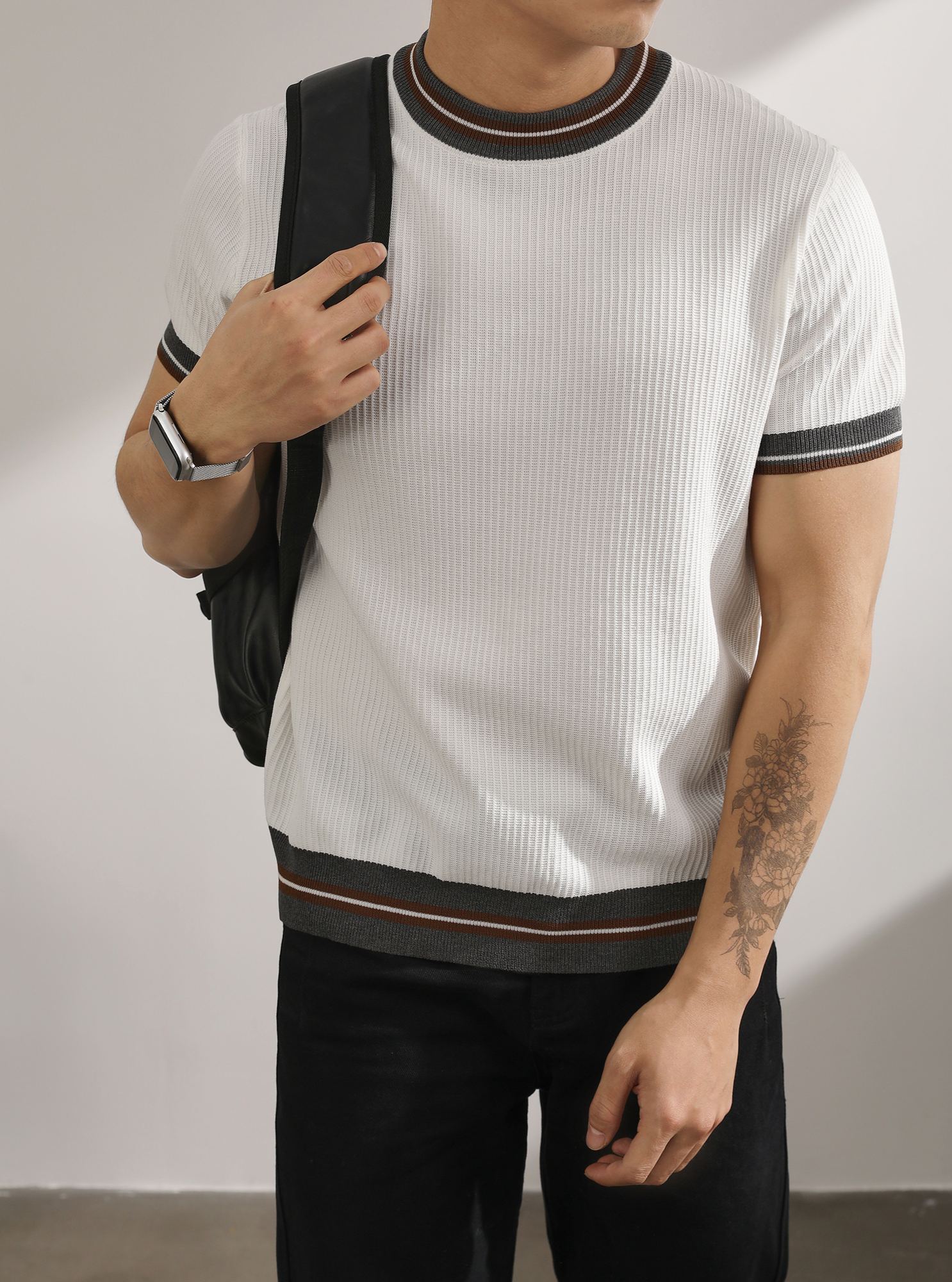 輕熟風氣質韓版短袖針織衫復古撞色條品質冰爽絲潮男T恤上衣