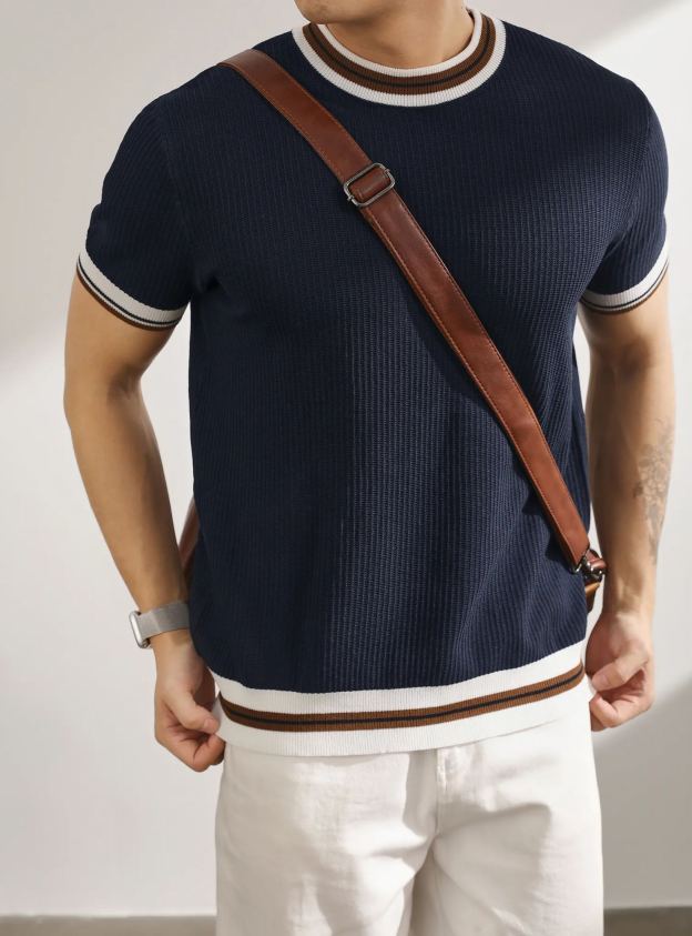 輕熟風氣質韓版短袖針織衫復古撞色條品質冰爽絲潮男T恤上衣