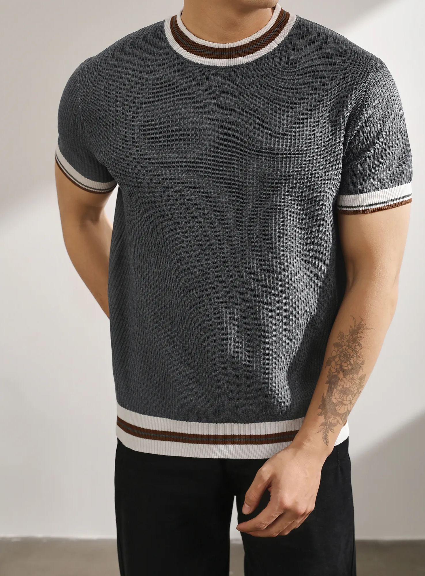 輕熟風氣質韓版短袖針織衫復古撞色條品質冰爽絲潮男T恤上衣
