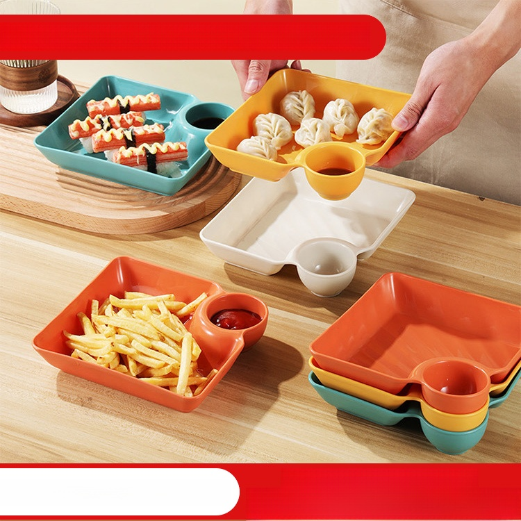Square dumpling plate with dipping compartment