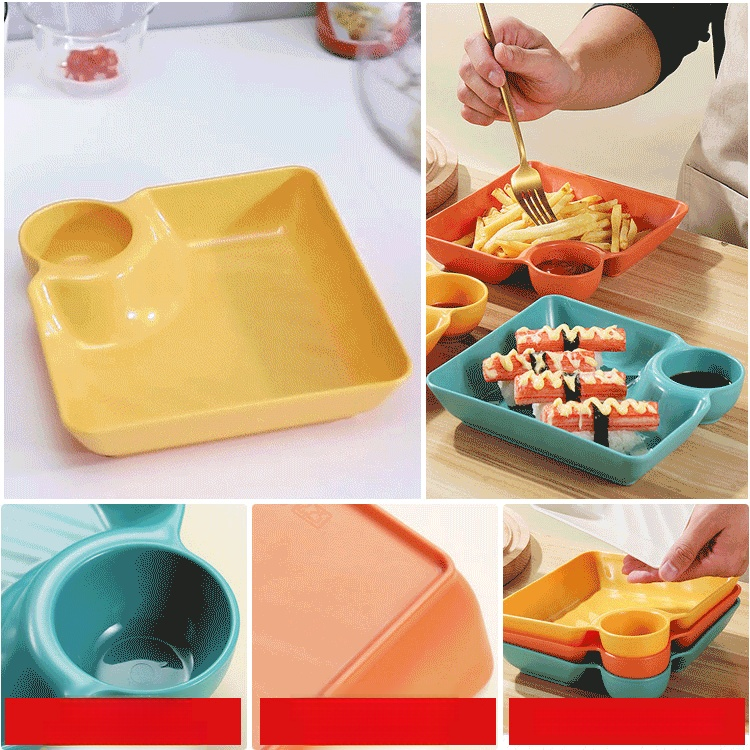 Square dumpling plate with dipping compartment