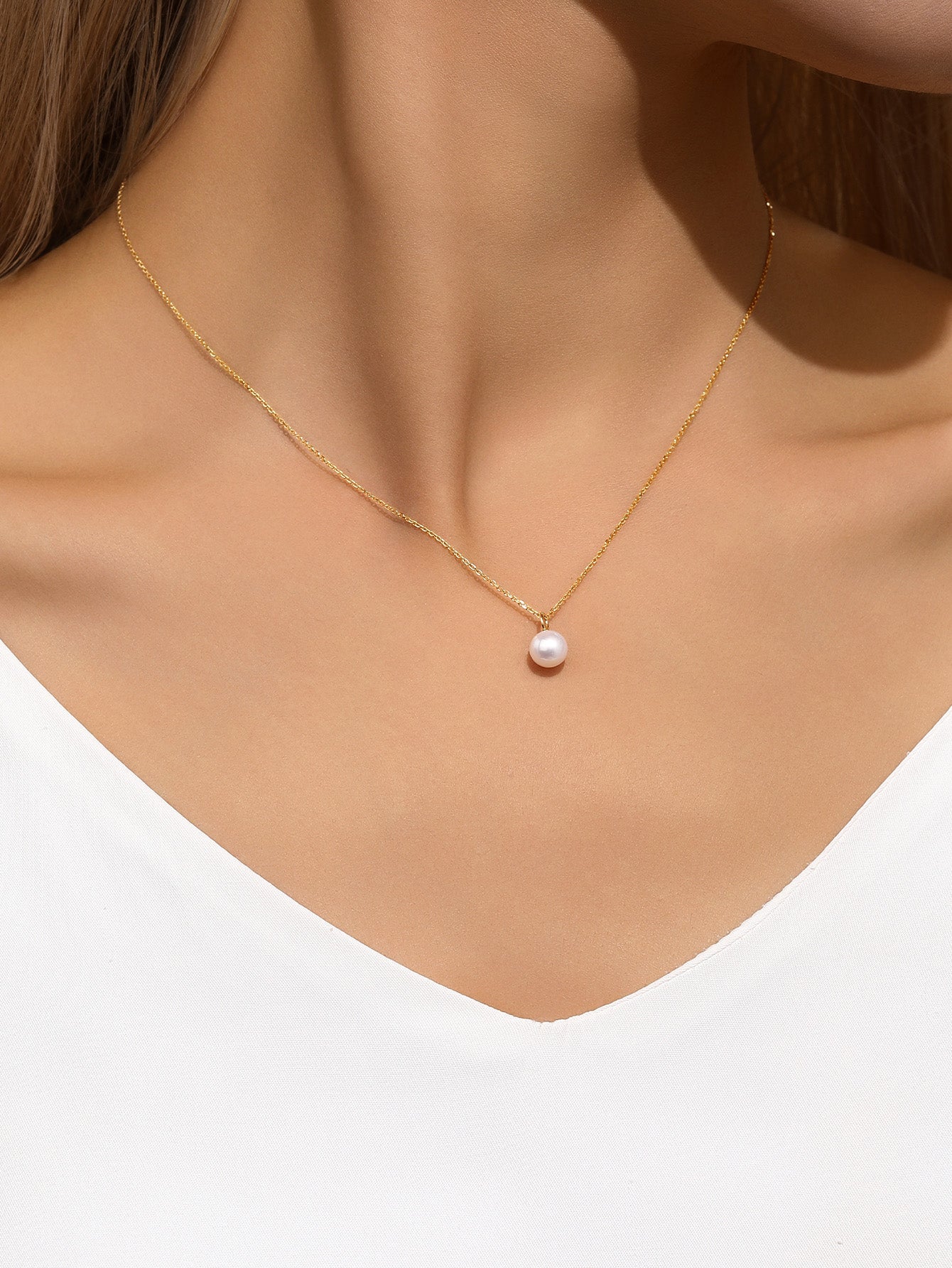 14K Solid Gold Mini Pearl Pendant Necklace-aurivna