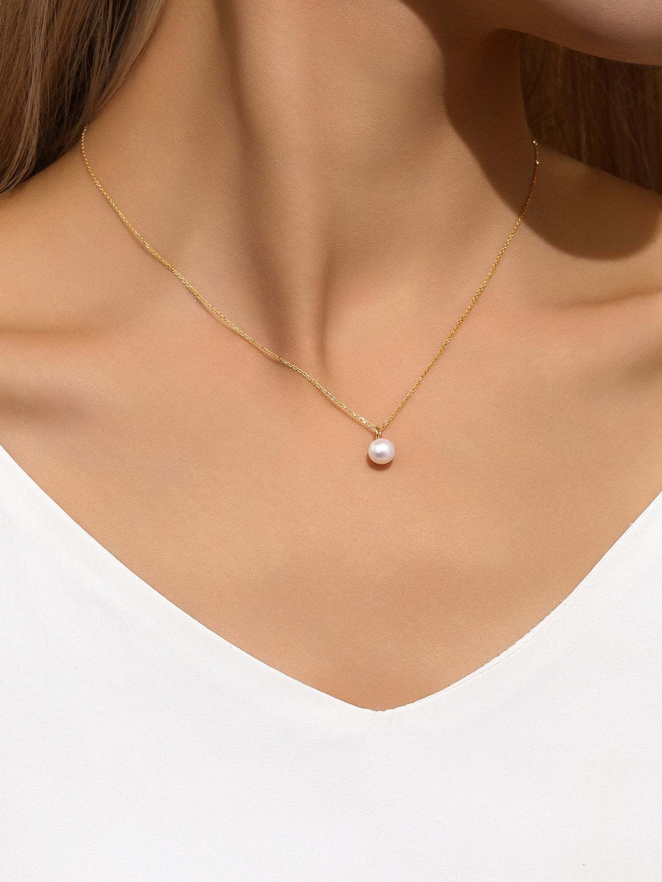 14K Solid Gold Mini Pearl Pendant Necklace-aurivna