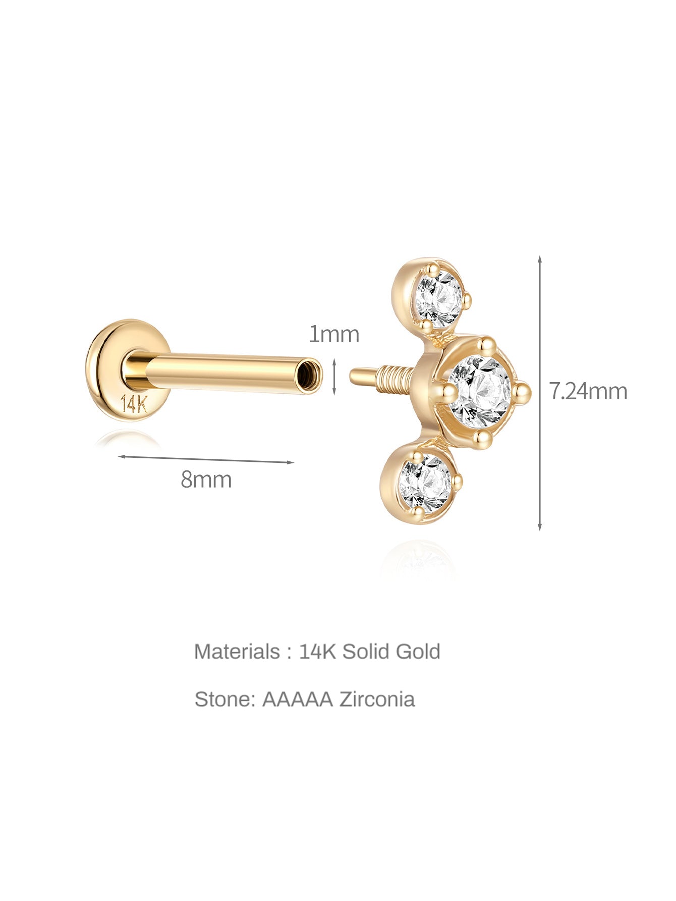 925 Sterling Silver Trio Bezel Zircon Threaded Ear Piercing Stud-aurivna