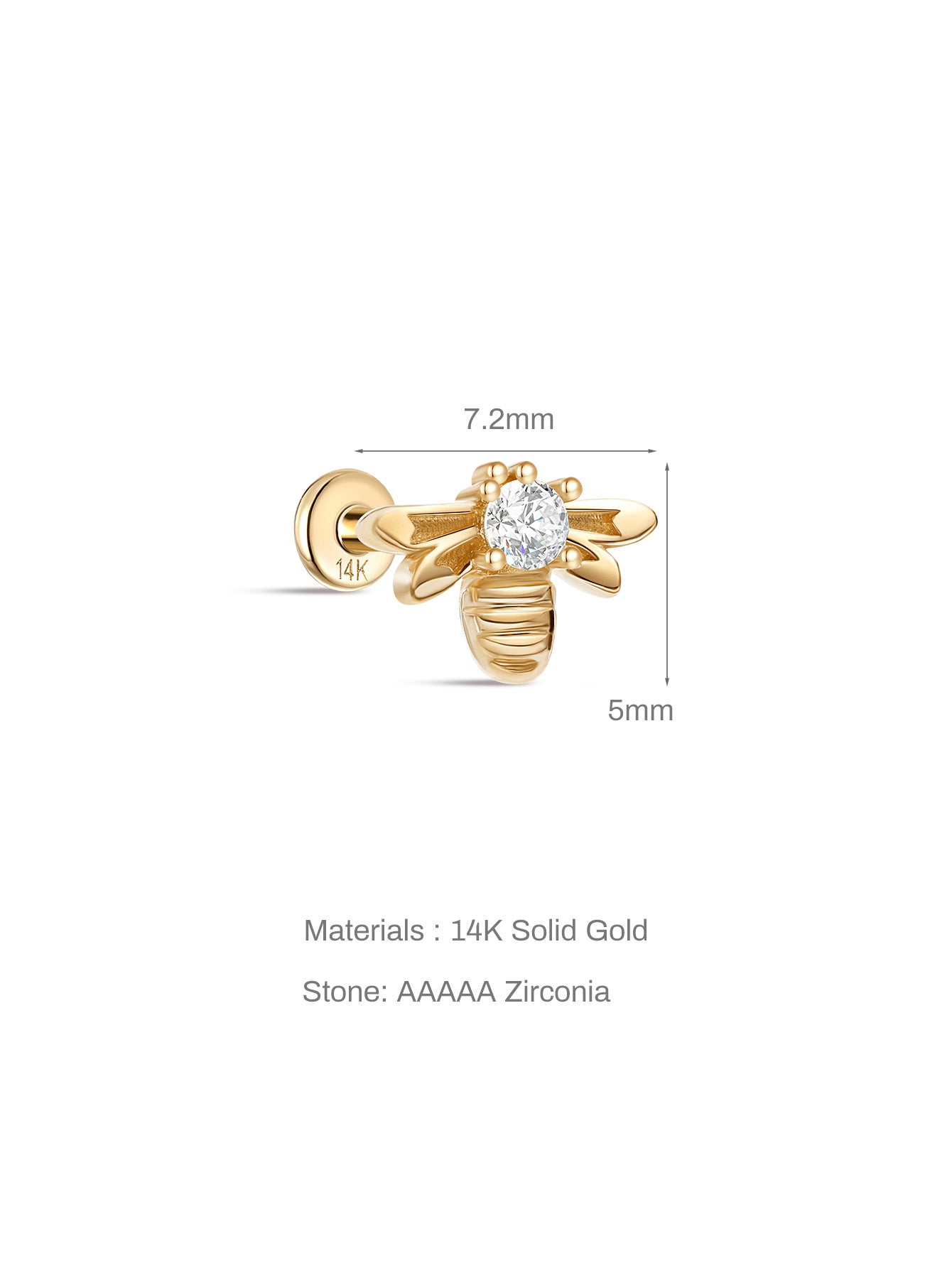 925 Sterling Silver Bee Zircon Ear Piercing Stud-aurivna