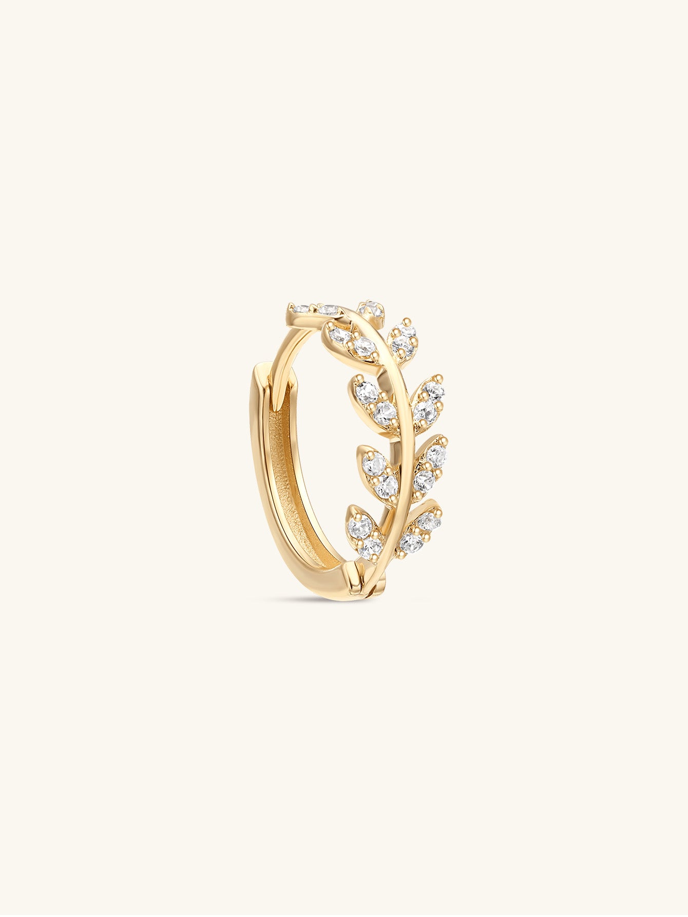 14K Solid Gold Fishbone Leaf Zircon Hoop Earring-aurivna