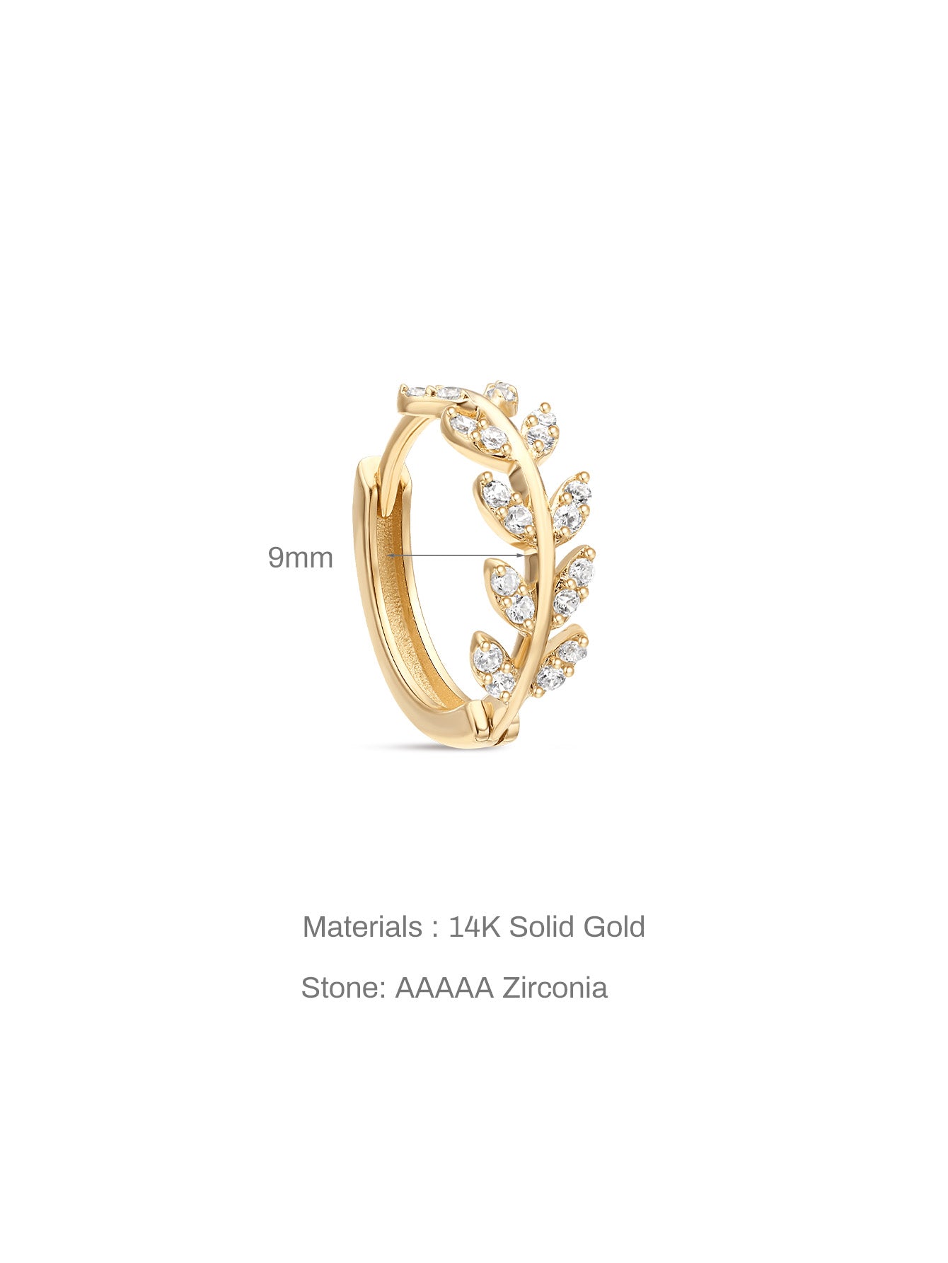 14K Solid Gold Fishbone Leaf Zircon Hoop Earring-aurivna