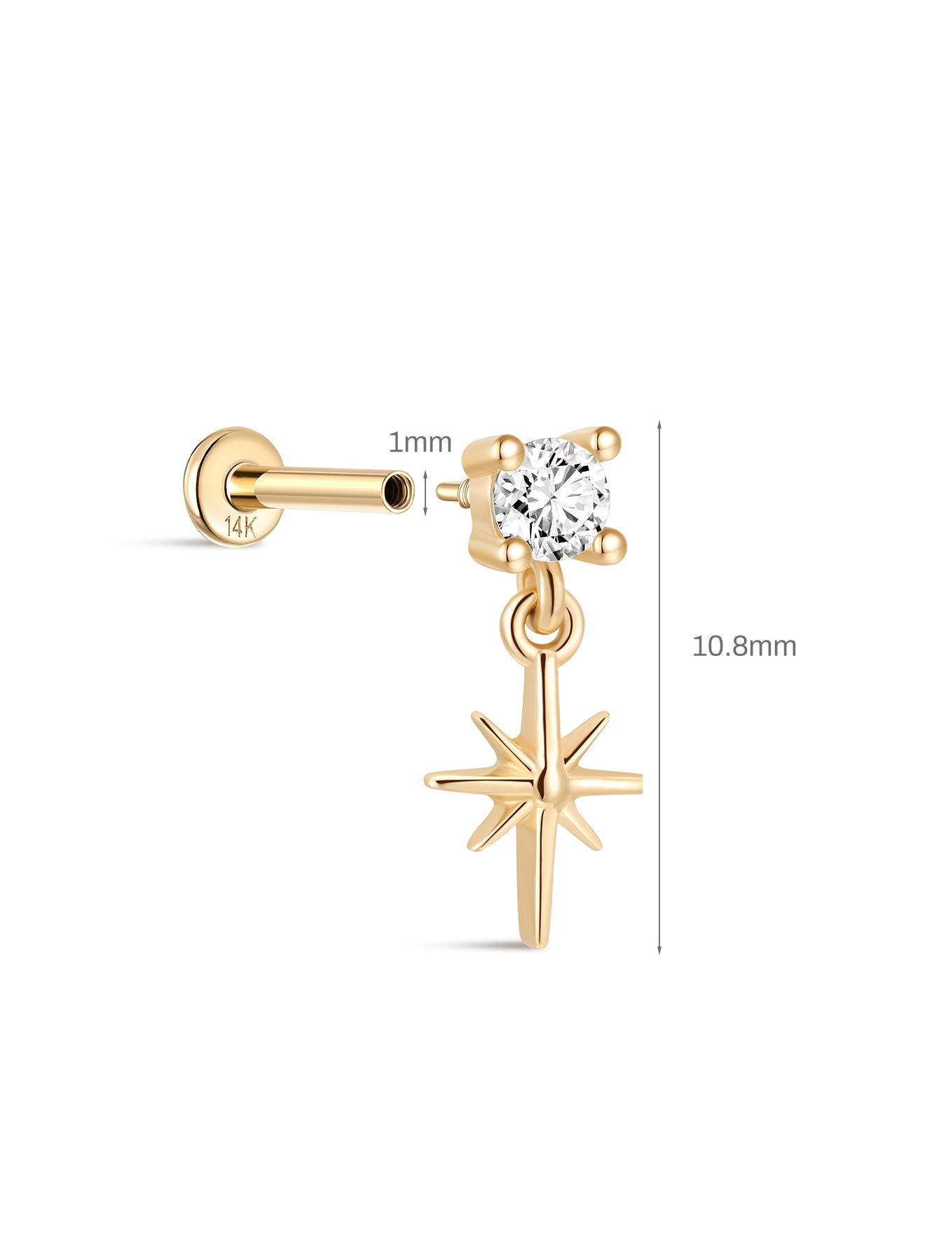 14K Solid Gold Eight-Pointed Star Flatback-aurivna