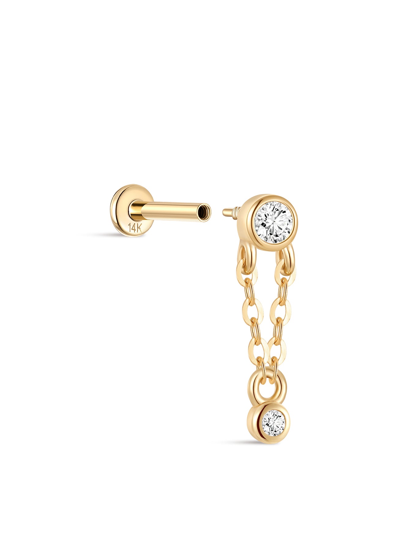14K Solid Gold Double Bezel Chain Flatback Stud-aurivna