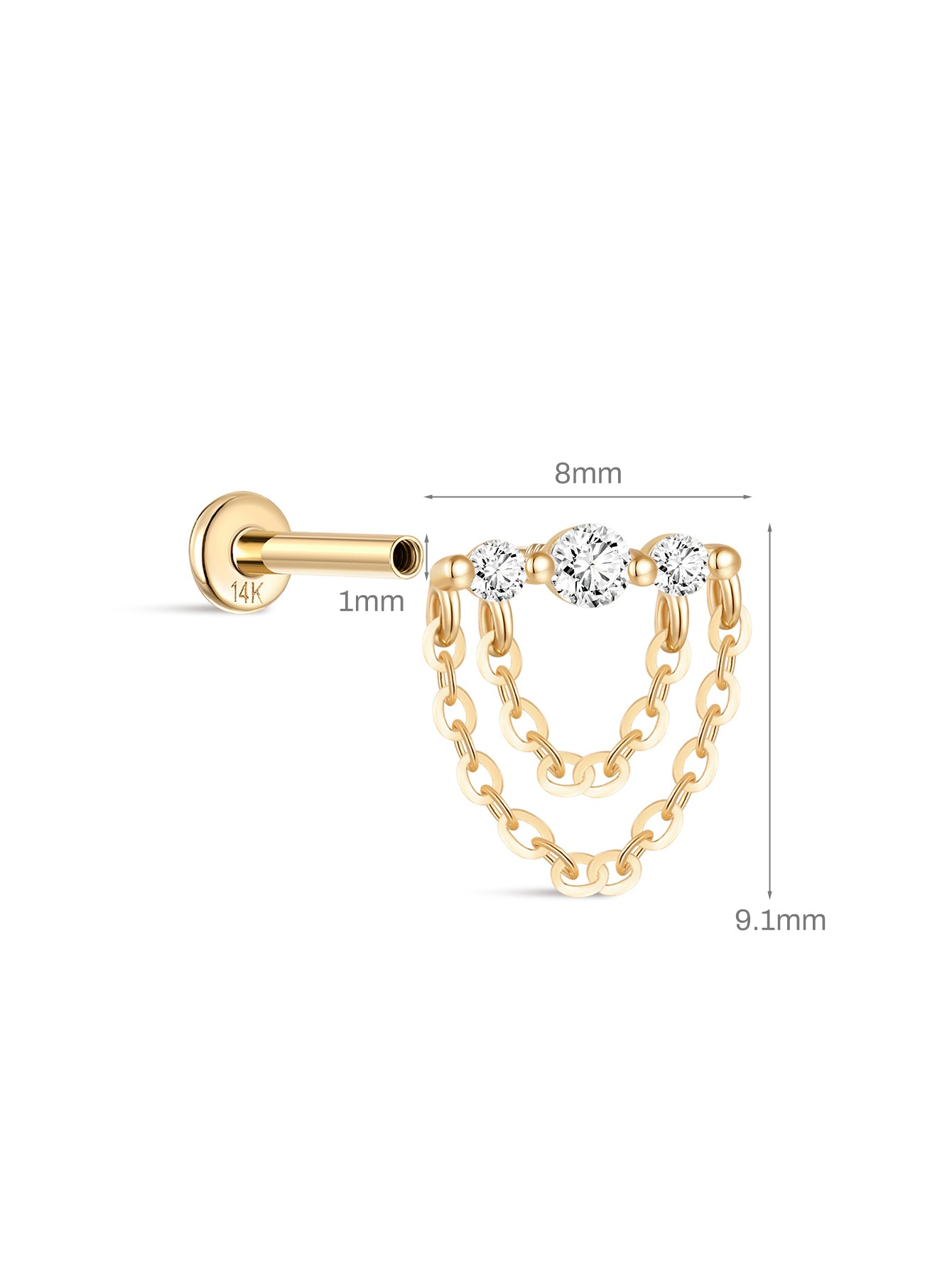 925 Sterling Silver 14K Gold Single Row CZ Dangle Piercing-aurivna