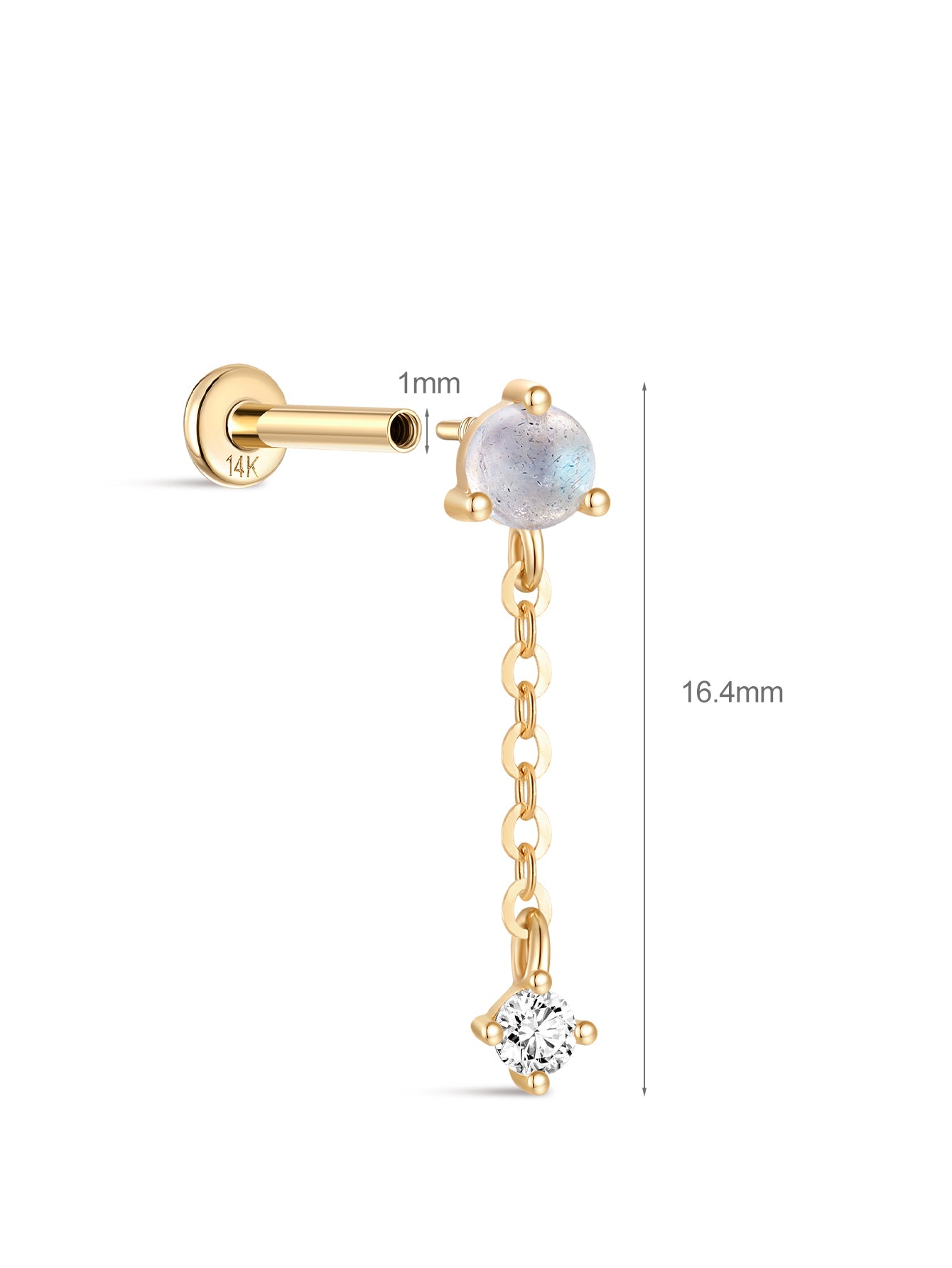 14K Solid Gold Moonstone Chain Drop Flatback Stud-aurivna