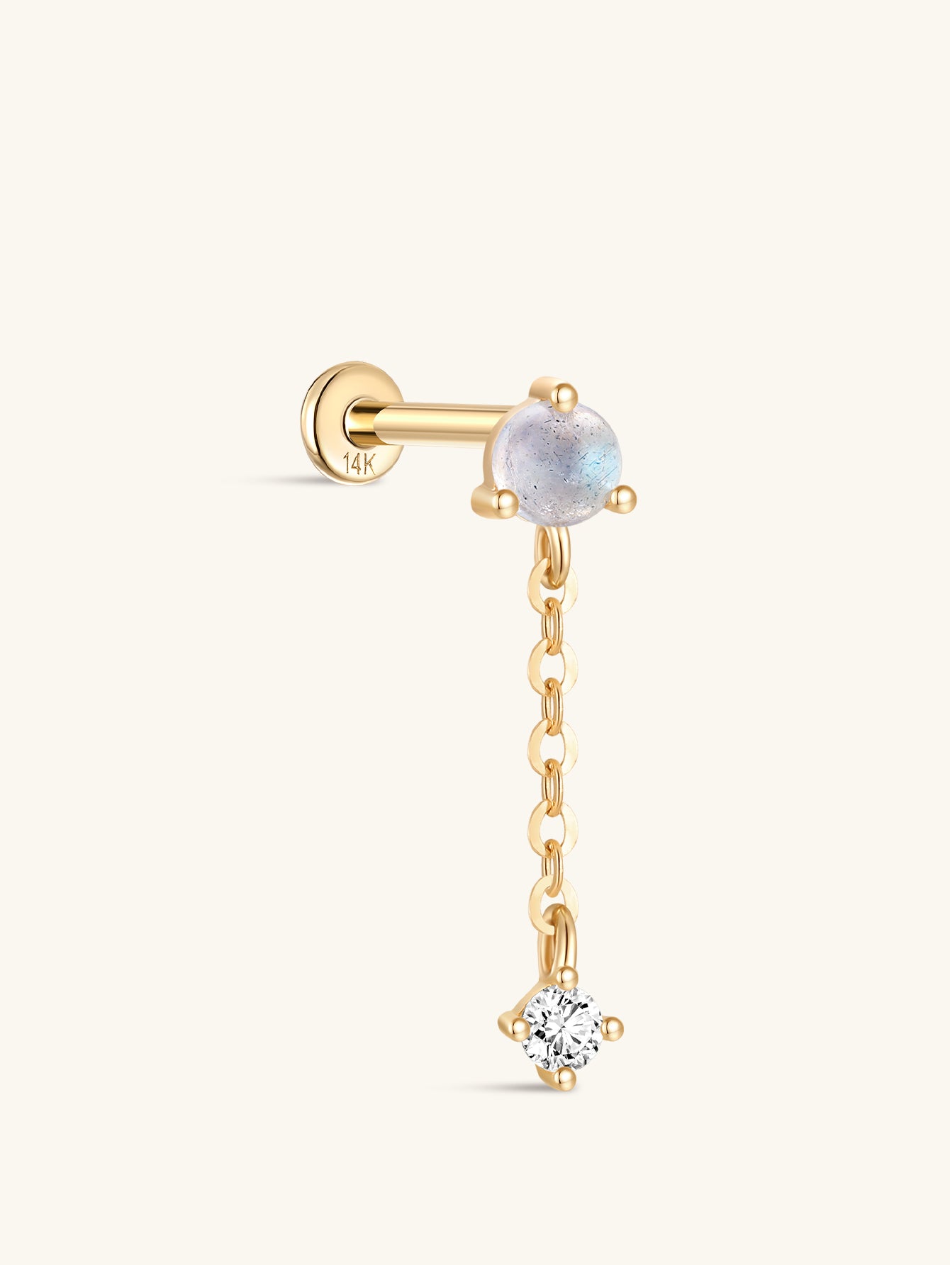 14K Solid Gold Moonstone Chain Drop Flatback Stud-aurivna