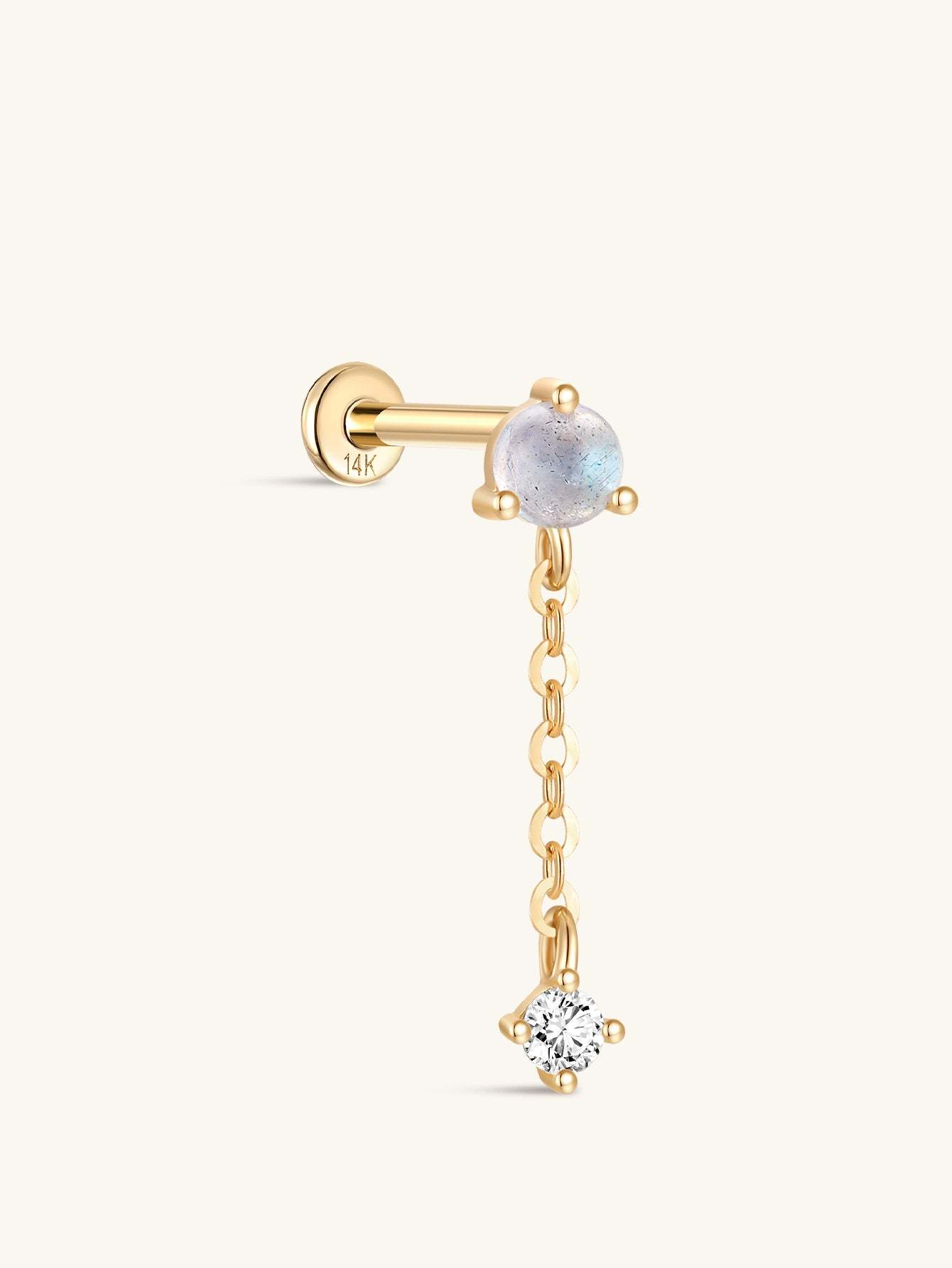 14K Solid Gold Moonstone Chain Drop Flatback Stud-aurivna