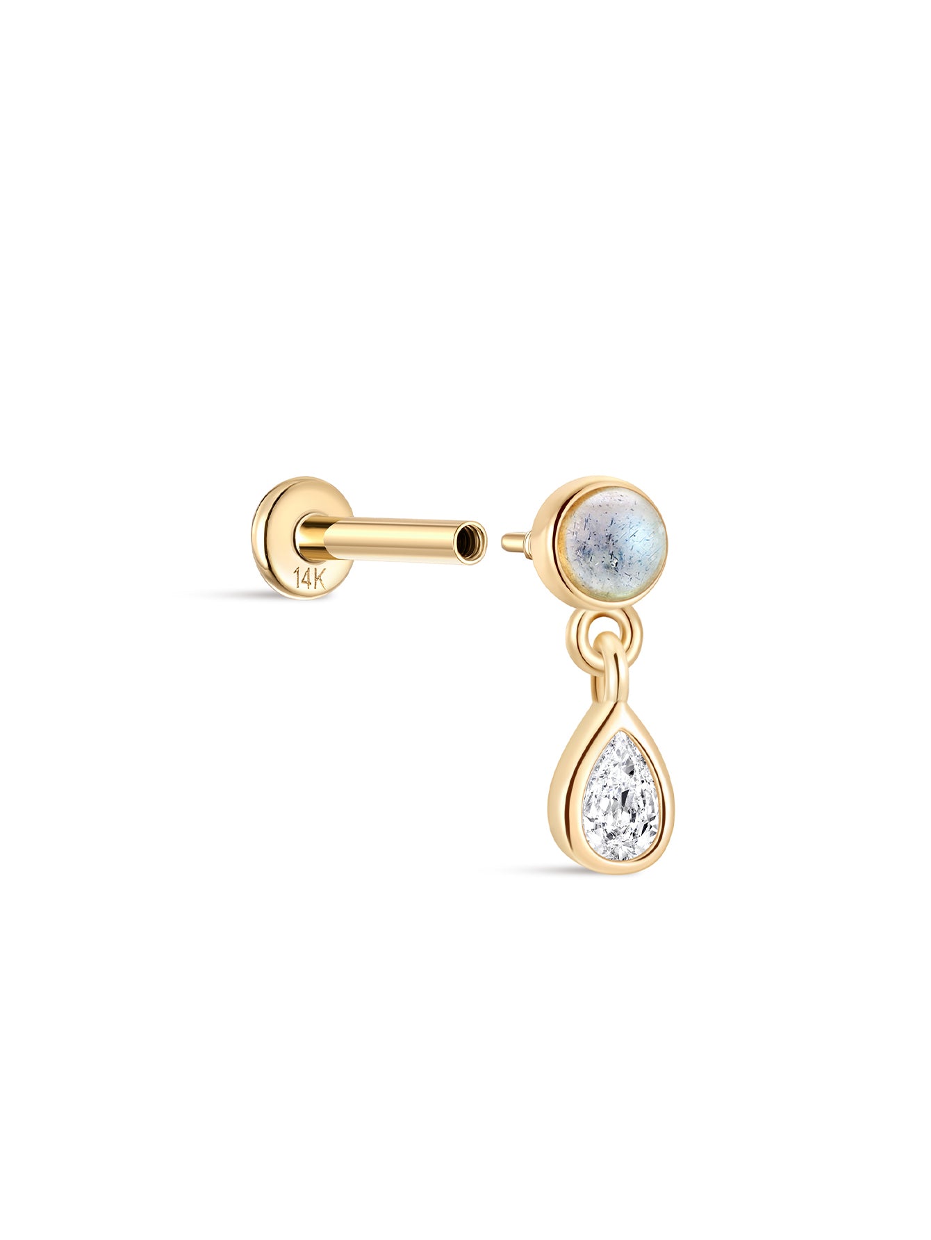 14K Solid Gold Bezel Pear Dangle Moonstone Flatback Stud-aurivna