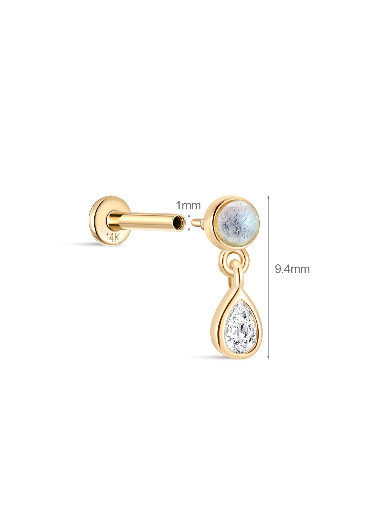 14K Solid Gold Bezel Pear Dangle Moonstone Flatback Stud-aurivna