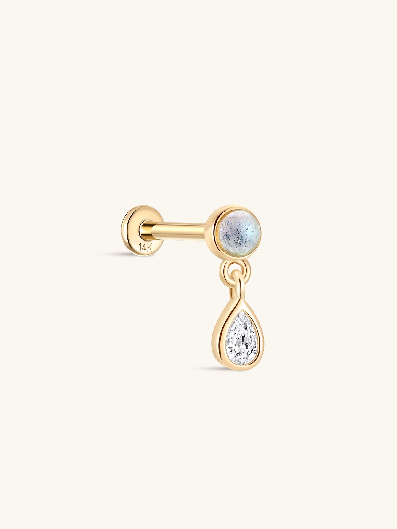 14K Solid Gold Bezel Pear Dangle Moonstone Flatback Stud-aurivna