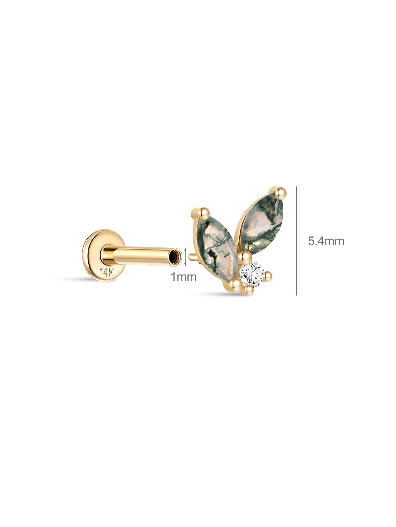 14K Solid Gold Moss Agate Horse Eye Flatback Stud-aurivna