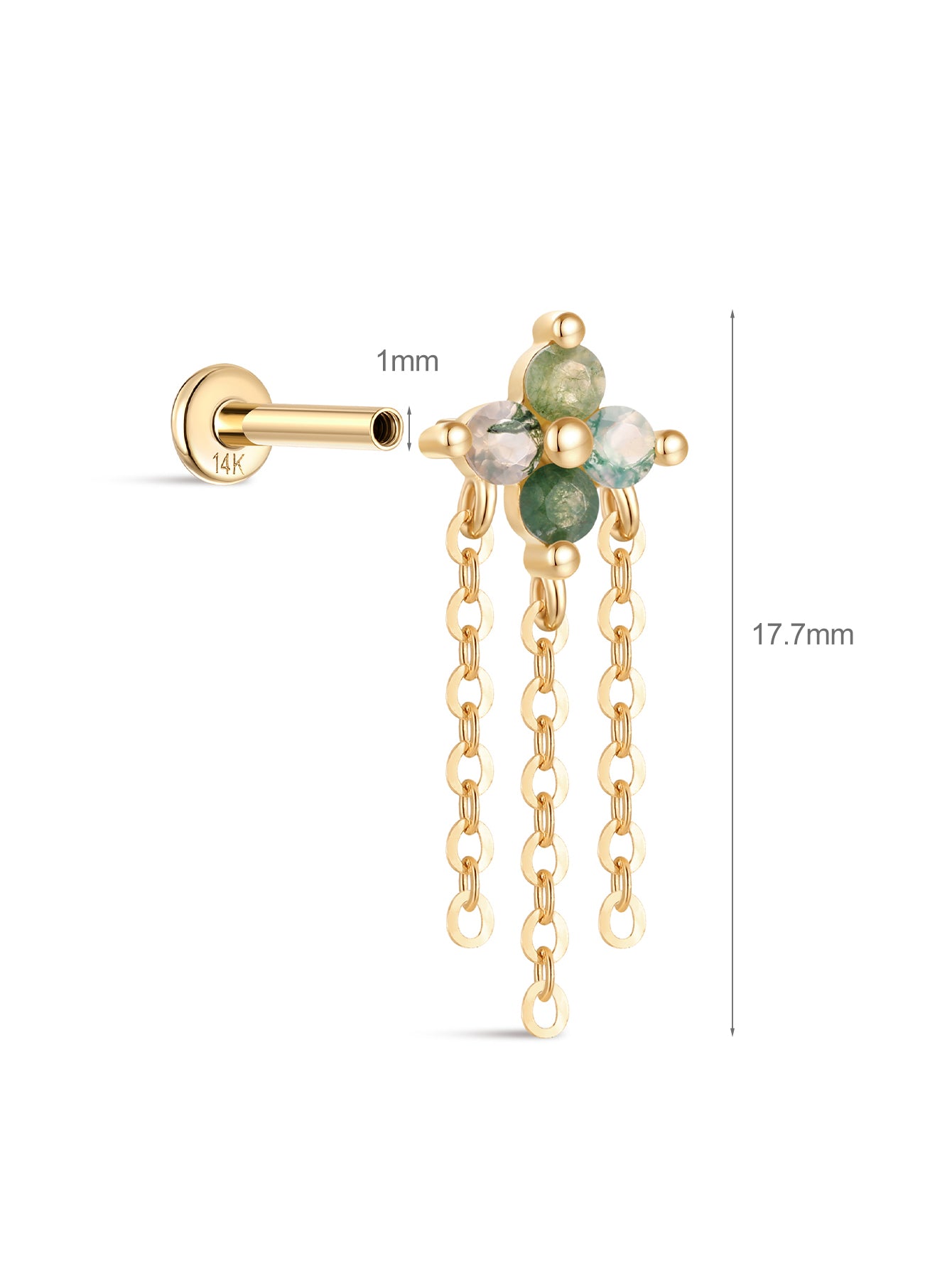 14K Solid Gold Moss Agate Flower Tassel Flatback Stud-aurivna