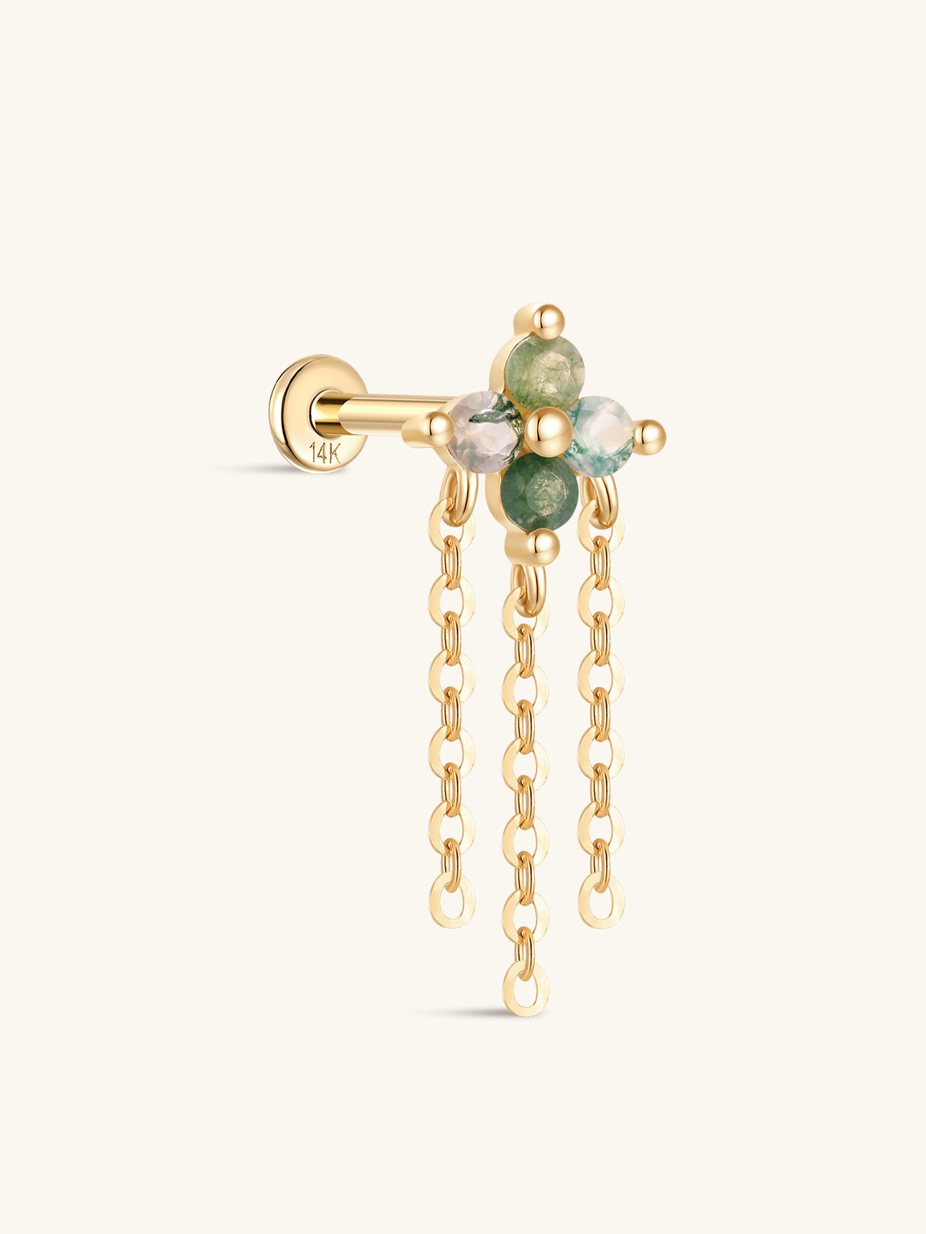 14K Solid Gold Moss Agate Flower Tassel Flatback Stud-aurivna