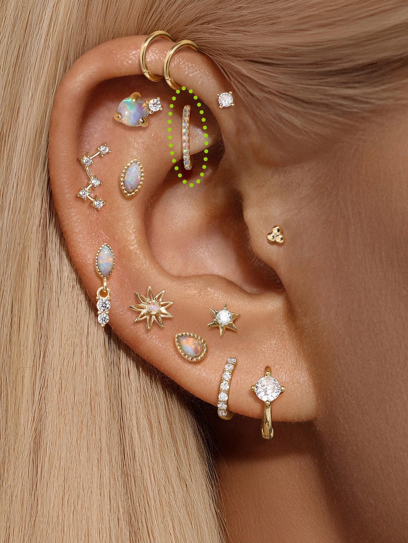 14K Solid Gold Opal Pave Eternity Hoop Huggie Earring-aurivna