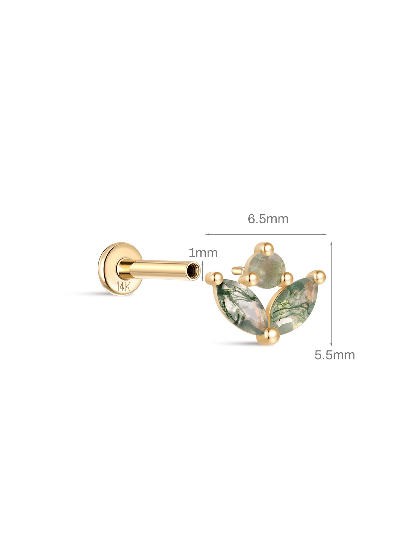 14K Solid Gold Moss Agate Marquise Flatback Stud-aurivna