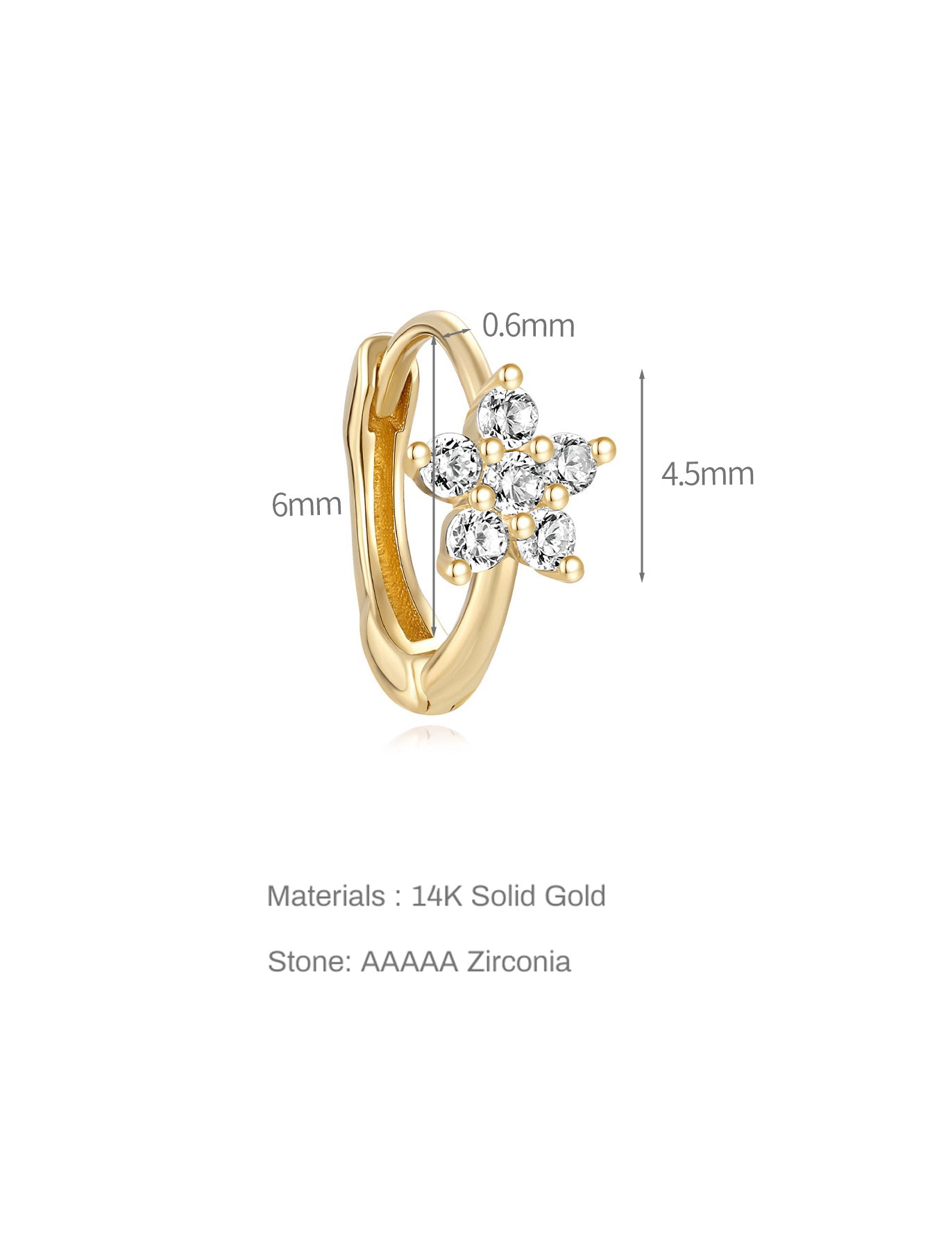 14K Solid Gold Flower Zircon Hoop Earrings 6mm-aurivna