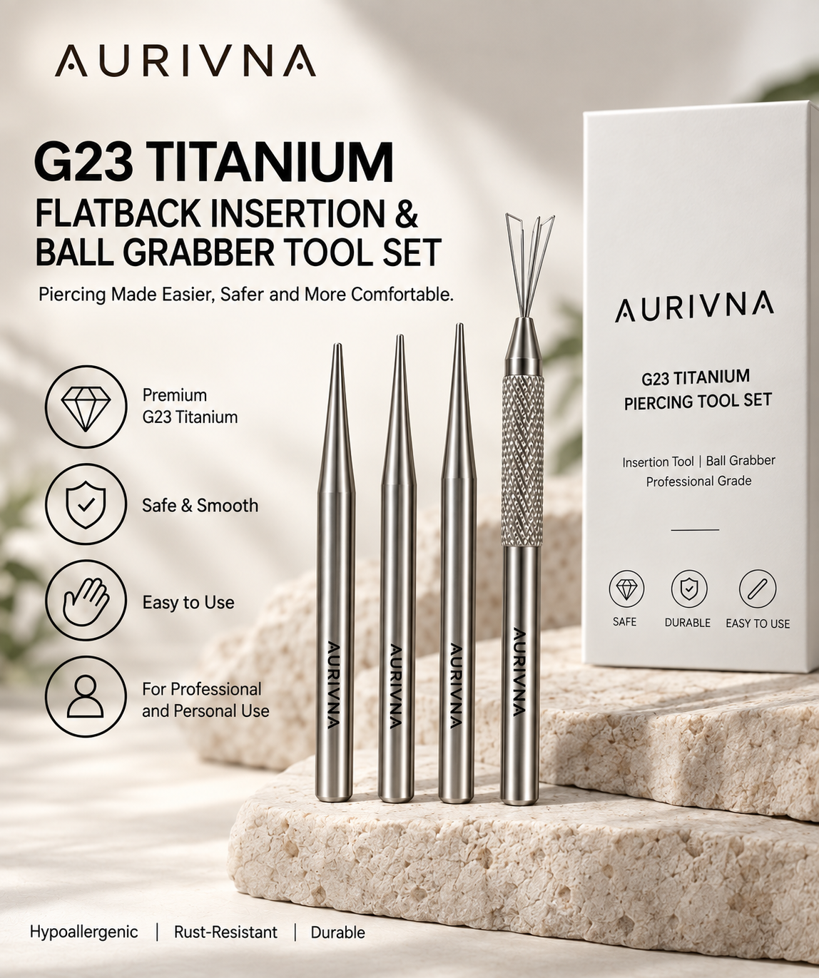 AURIVNA G23 Titanium Piercing Tool Set packaging and features