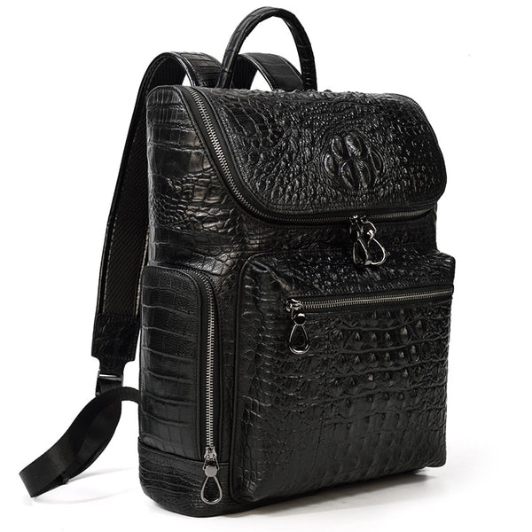 DEEPKEE original nubuck handmade full-grain genuine leather cowhide bag Black Crocodile Pattern Leather Men's 14 inches Travel College Backpack For Men #6070