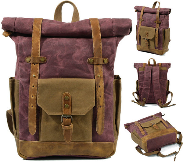 DEEPKEE original nubuck handmade full-grain genuine leather cowhide bag Classic Oil-Wax Canvas Drawstring Backpack #6105Z