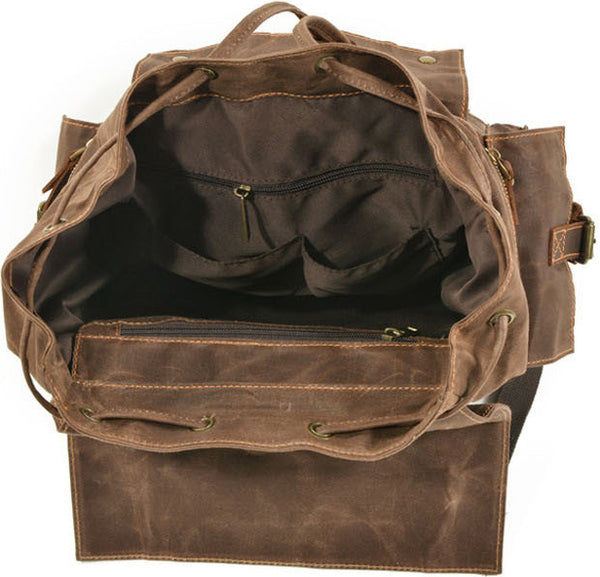 DEEPKEE original nubuck handmade full-grain genuine leather cowhide bag Waxed Canvas Travel Hiking Backpack # 9504