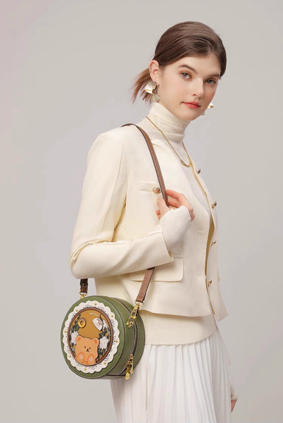 DEEPKEE original nubuck handmade full-grain genuine leather cowhide bag DEEPKEE HANDMADE LEATHER Miss Gail Luxury OOTD Round Crossbody Bag #G1144