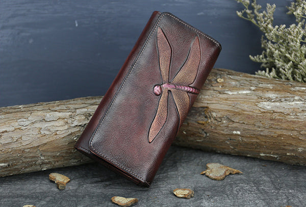 DEEPKEE original nubuck handmade full-grain genuine leather cowhide bag Deepkee Leather Carving Dragonflies Wallet #9630