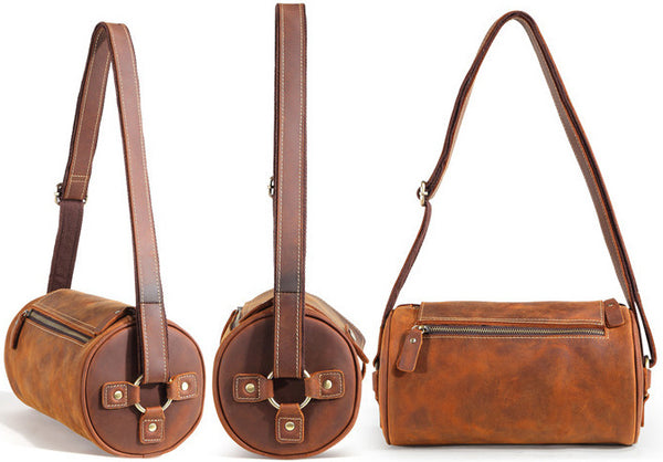 DEEPKEE original nubuck handmade full-grain genuine leather cowhide bag Vintage Leather Cylindricity Crossbody Bags No.SF061