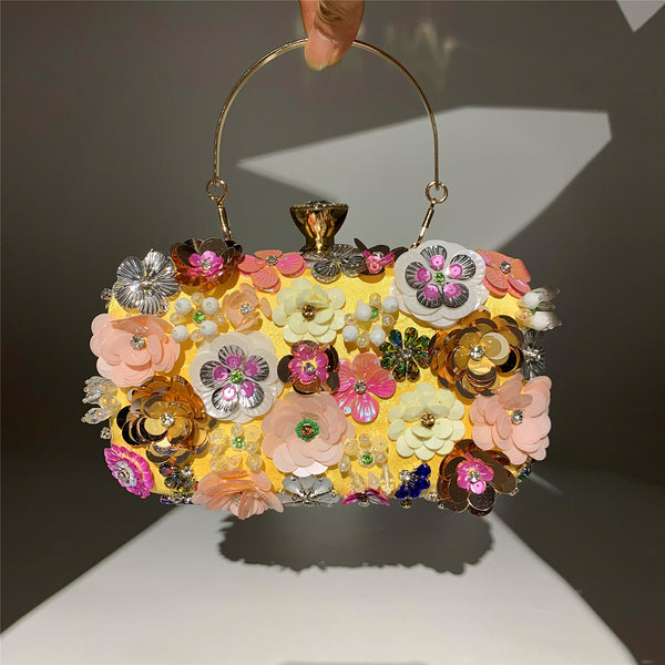 DEEPKEE original nubuck handmade full-grain genuine leather cowhide bag The Handmade Flower Beaded Clutch Bag #OC3815