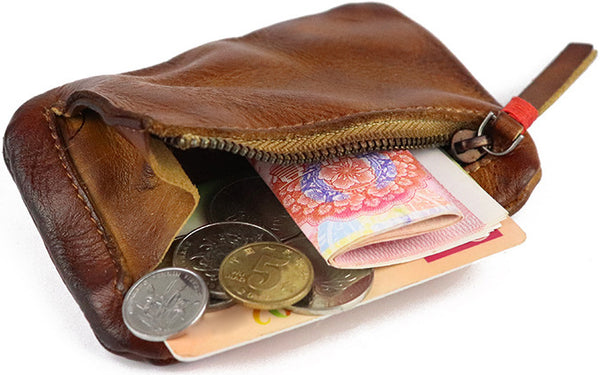 DEEPKEE original nubuck handmade full-grain genuine leather cowhide bag Vintage Slim Tan Leather Coin Wallet Zipper Coin Holder #SG121