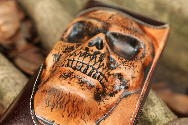 DEEPKEE original nubuck handmade full-grain genuine leather cowhide bag Handmade Leather Skull Death Tooled Long Wallet #5248