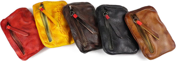 DEEPKEE original nubuck handmade full-grain genuine leather cowhide bag Vintage Slim Tan Leather Coin Wallet Zipper Coin Holder #SG121