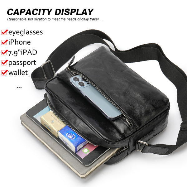 DEEPKEE original nubuck handmade full-grain genuine leather cowhide bag Black Cool Leather 10 inches Large Zipper Messenger Bag Handbag Shoulder Bag For Men