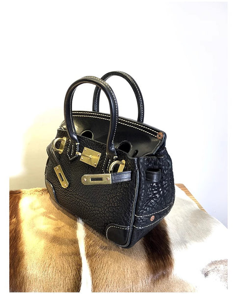 DEEPKEE original nubuck handmade full-grain genuine leather cowhide bag Shrunk Grain Cowhide Replic Faux Birkin 25 Bag #EOL-4494