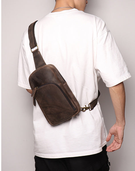 DEEPKEE original nubuck handmade full-grain genuine leather cowhide bag Baldwin Unisex Sling Bag No.30011