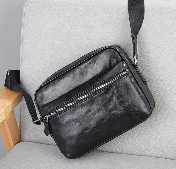 DEEPKEE original nubuck handmade full-grain genuine leather cowhide bag Black Cool Leather 10 inches Large Zipper Messenger Bag Handbag Shoulder Bag For Men